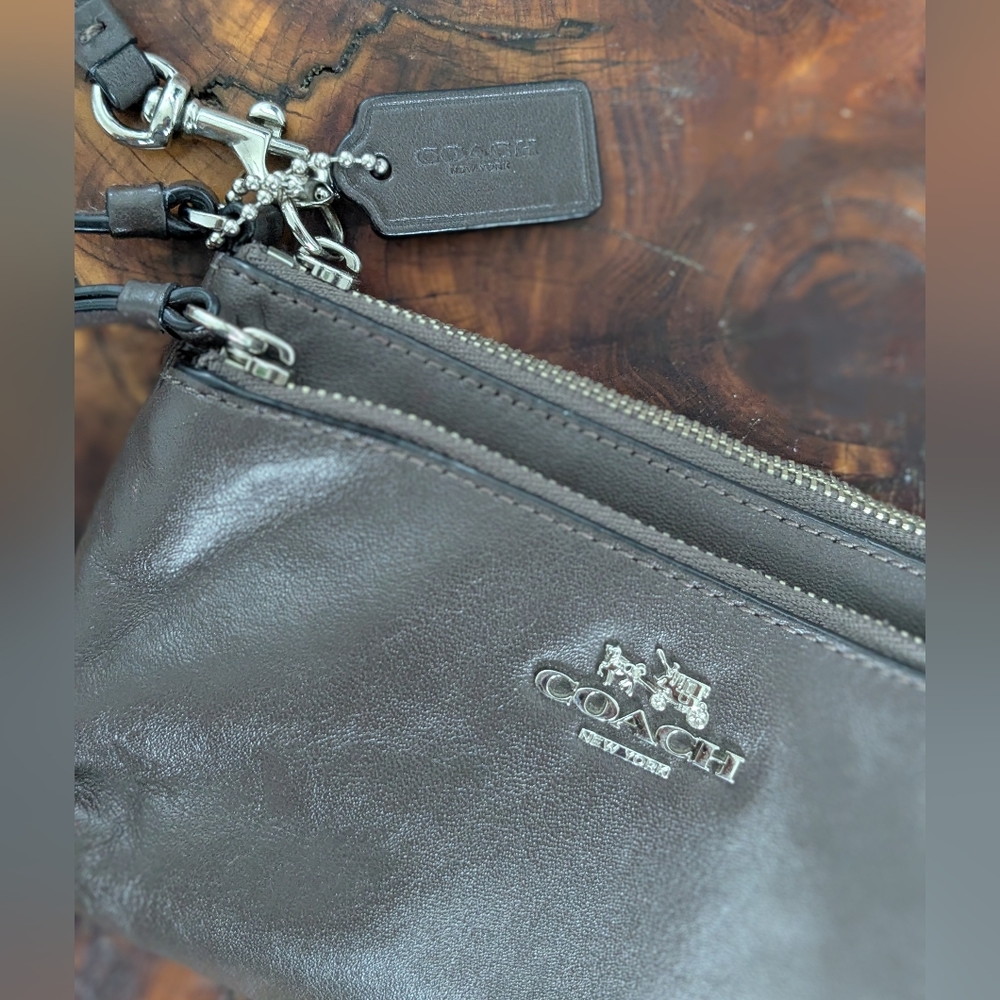 Coach Gray Leather Wallet with Silver Zipper